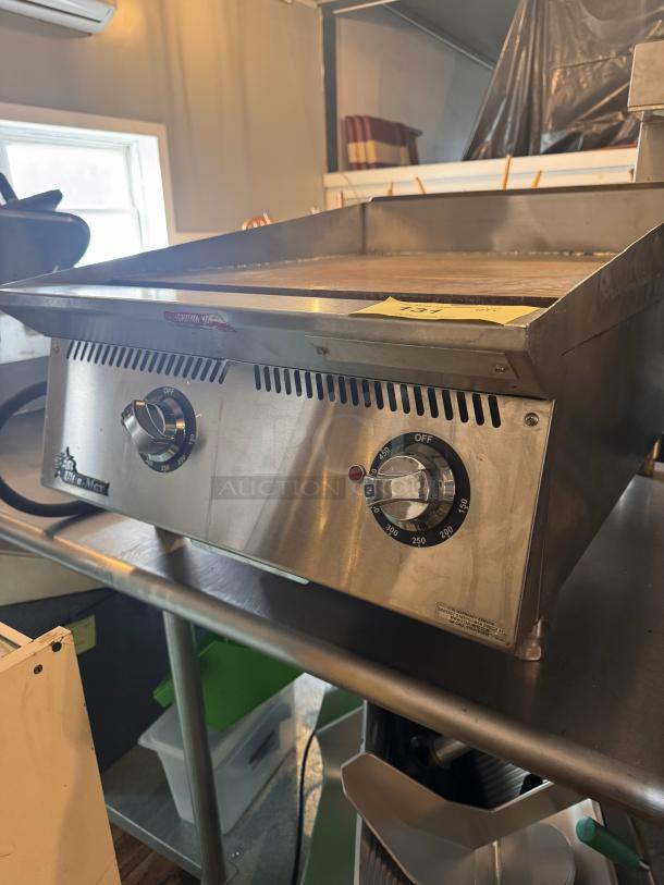 Star Ultra-Max 24" countertop electric griddle, stainless steel, dual temperature knobs, condition appears lightly used.