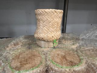 Bamboo basket with a woven pattern, natural finish, in excellent condition. Marked "ALL ONE MONEY," indicating pricing.