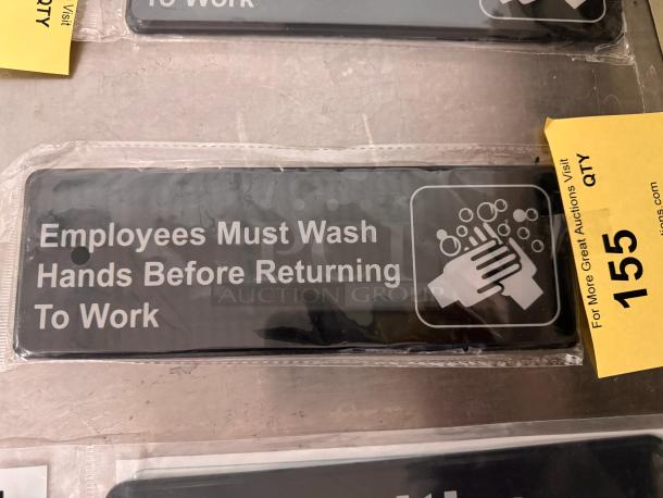 Brand new "Employees Must Wash Hands" sign, black with white text, handwashing icon, sealed in plastic. Lot number 155.