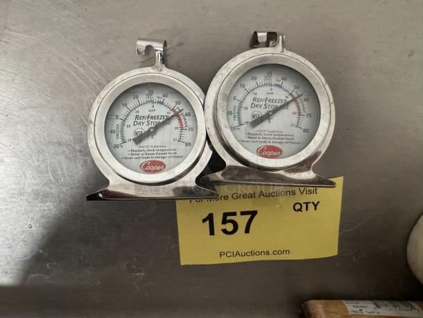Cooper refrigerator/freezer thermometers, model BIDX2, stainless steel, dual set, measures -20 to 80°F, HACCP guidelines.