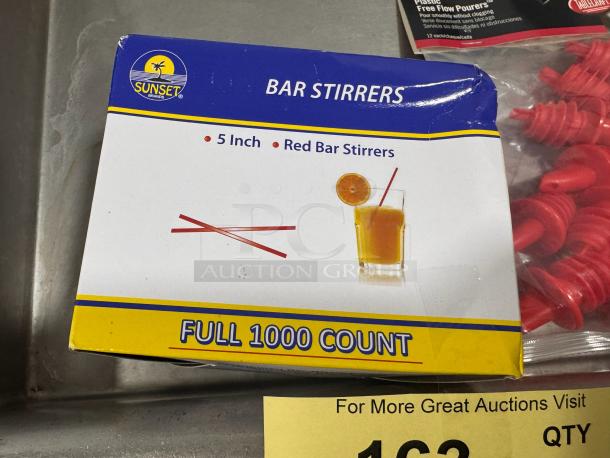 Box of Sunset Brands bar stirrers, 5-inch red, 1000 count, new condition.