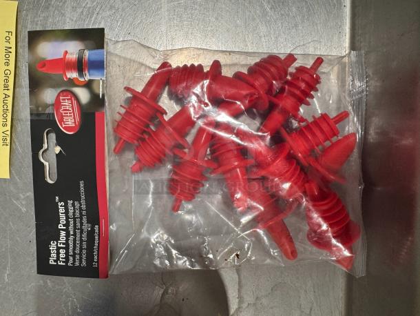 Tablecraft plastic free flow pourers, red, 12-pack, new in sealed bag. Ideal for smooth, clog-free pouring.