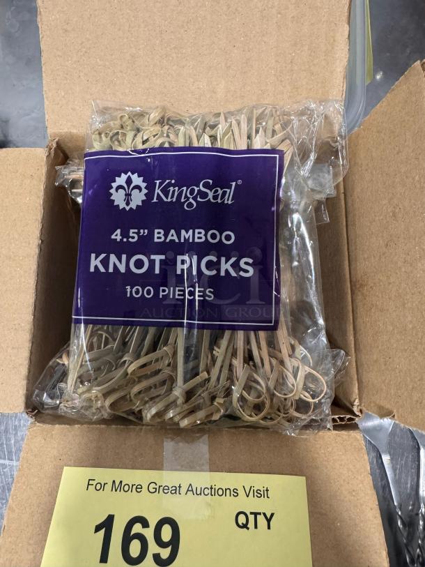 KingSeal 4.5" bamboo knot picks, 100 pieces in pack, new condition, in open cardboard box.
