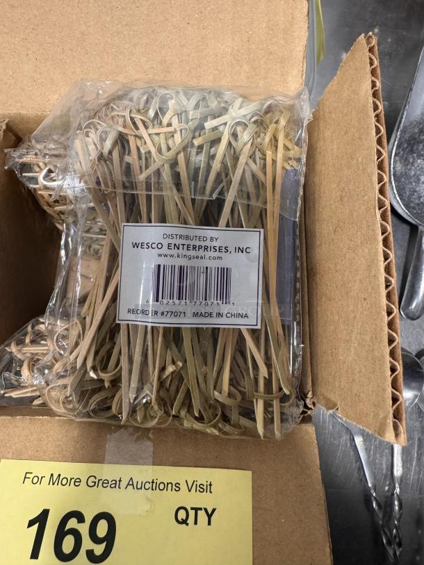 Pack of 4.5" bamboo knot picks, distributed by Wesco Enterprises, Inc., in sealed packaging, made in China, reorder #77071.
