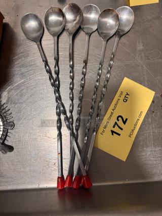 Set of six BIDX6 bar spoons with twisted handles and red tips, in good condition. Auction tag reads "172 QTY."