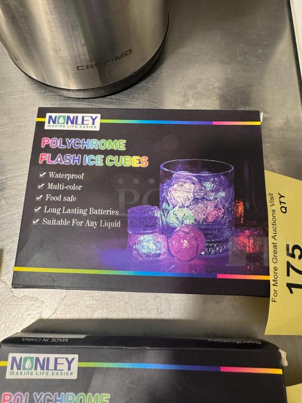 Nonley Polychrome Flash Ice Cubes box, features waterproof, multi-color, food-safe, long-lasting batteries, suitable for any liquid.