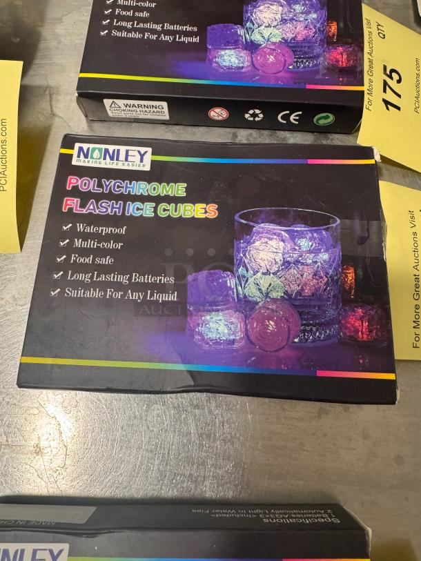 Nonley Polychrome Flash Ice Cubes in packaging, waterproof, multi-color, food safe, long-lasting batteries, suitable for any liquid.