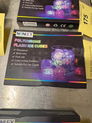 Nonley Polychrome Flash Ice Cubes in packaging, waterproof, multi-color, food safe, long-lasting batteries, suitable for any liquid.