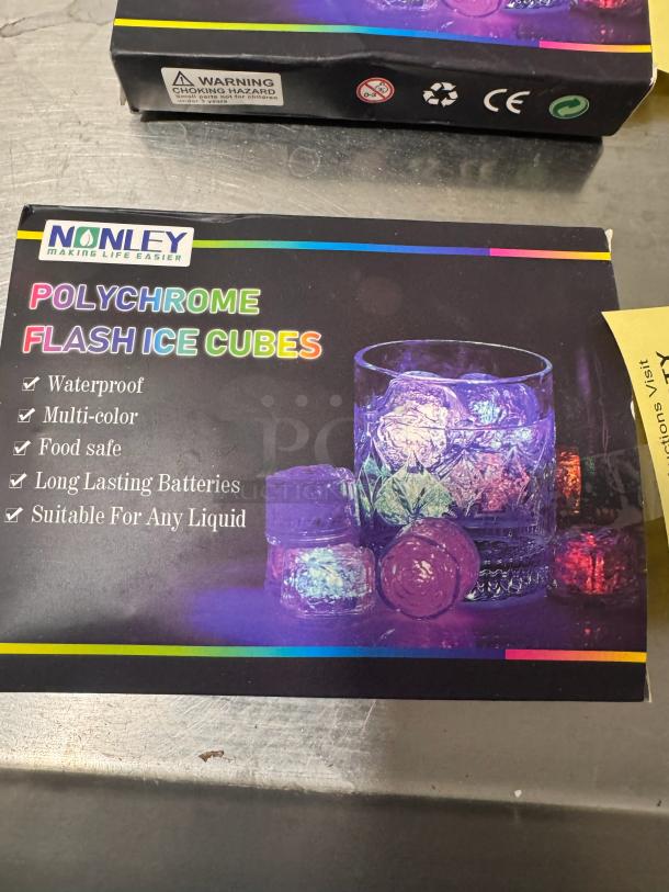 Nonley Polychrome Flash Ice Cubes, waterproof, multicolor, food-safe, long-lasting batteries, suitable for any liquid. Box shows product features.