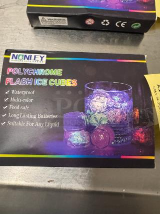 Nonley Polychrome Flash Ice Cubes, waterproof, multicolor, food-safe, long-lasting batteries, suitable for any liquid. Box shows product features.