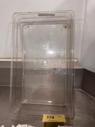 Clear 1/1 X 4in food container, used condition with visible stains, label on bottom indicating model 179, auction note present.