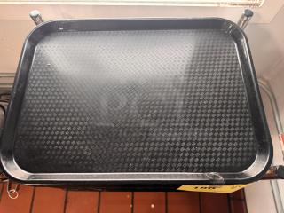 Black plastic tray with textured surface, rectangular shape, rounded corners; appears in good condition, slight scuffs visible.