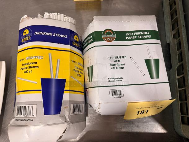 Sunset straws bundle, includes 400 ct 10¼" wrapped translucent plastic straws and 400 ct 7¾" wrapped eco-friendly paper straws.