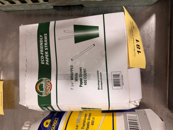 Sunset Brands 7 3/4" wrapped eco-friendly paper straws, 400 count, biodegradable. Box slightly worn. Auction item 181.