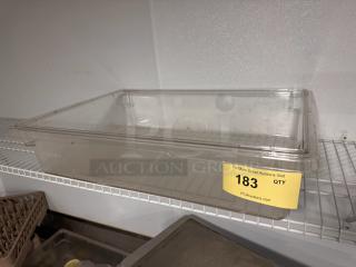 Cambro plastic food storage container, 18x26x6 inches, clear, good condition, on shelf with auction tag labeled "183".