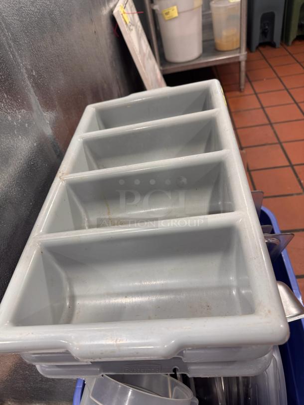 Lot of 3 grey plastic cutlery bins, used condition, with four compartments each. Marked "Rubbermaid."