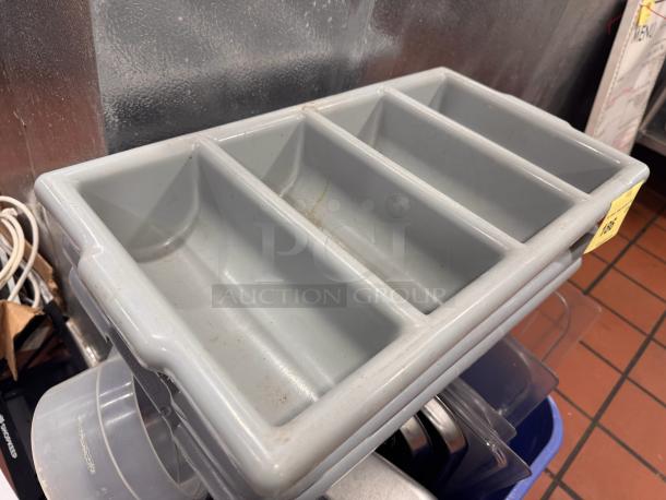 Lot of 3 grey plastic cutlery bins, divided into four sections, used condition, all sold together.