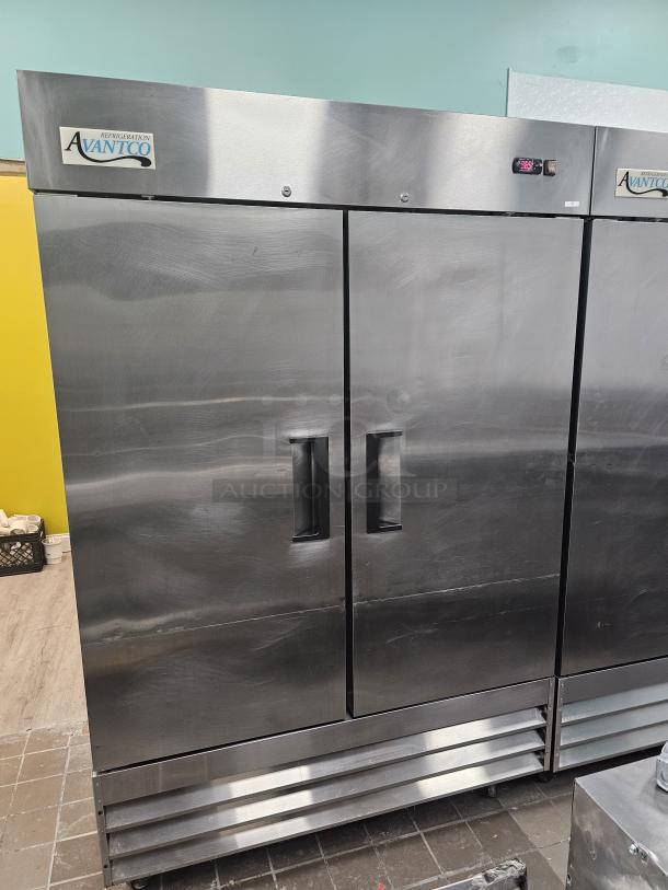 AVATCO 178A49RHC solid door refrigerator, stainless steel, two-door, tested, working, with company logo visible.