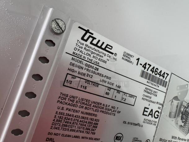 TRUE GDM-26 single glass door refrigerator, tested and working, model number and specifications label shown in image.