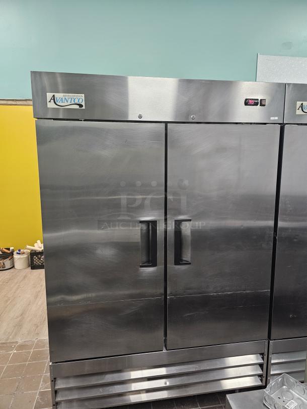 AVATCO 2 solid door refrigerator, stainless steel, tested and working, with digital temperature display and logo label.