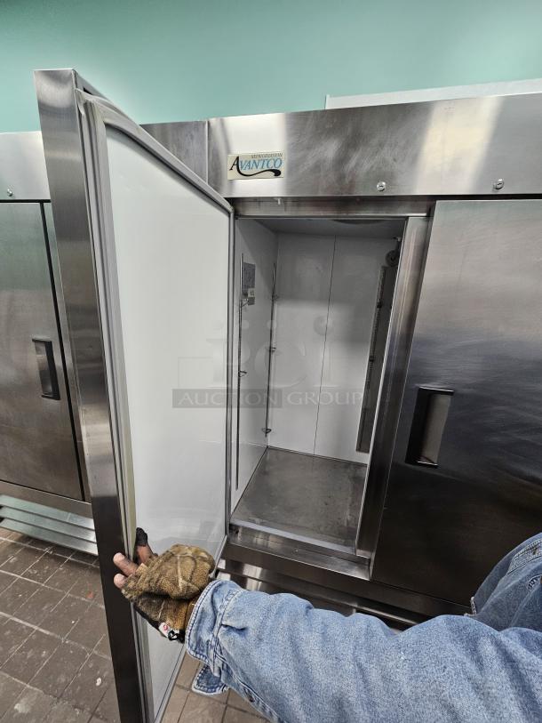 AVATCO 2 solid door refrigerator, stainless steel, open door showing interior, tested and working condition, visible brand label.