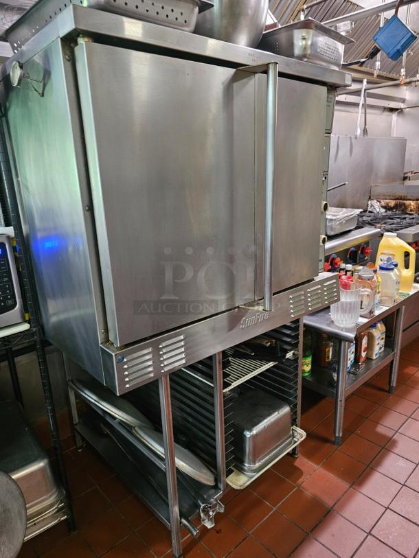SUNFIRE full-size single deck convection oven, stainless steel, used, no stand, visible controls, and storage underneath.