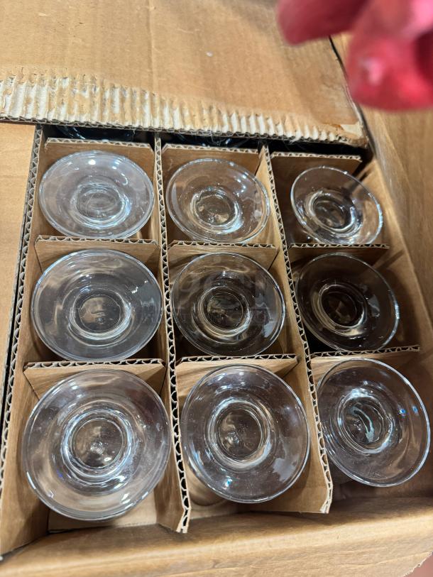Lot of 36 Hiball 8oz glasses, clear glass, pristine condition, securely packed in a cardboard box.
