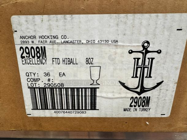 Lot of 36 Anchor Hocking 8oz Excellency FTD Hiball glasses, model 2908M, new in box. Made in Turkey, Lot 290508.