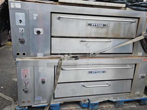 ATTIAS NG Single Deck Pizza Oven BIDX2, stainless steel exterior, visible brand logo, used condition, placed on a pallet.