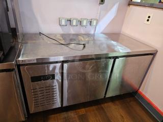 Stainless steel two-door worktop cooler, tested and working, features side ventilation, and has a polished finish.