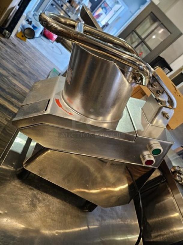 Vegetable Cutter VC-65MS, 110V with attachments, stainless steel, sturdy base, and control buttons visible, excellent condition.