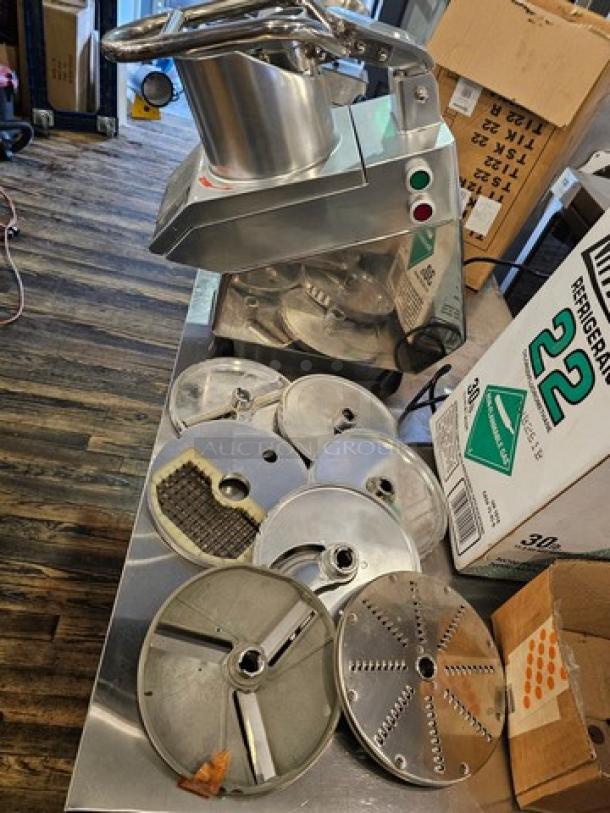 Vegetable Cutter VC-65MS, 110V, with multiple blade attachments, stainless steel, excellent condition. Model: VC-65MS.
