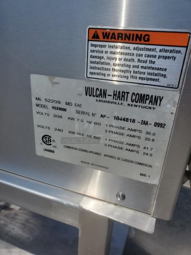 Vulcan VSX9000 Steamer, 208/240V, shown with manufacturer label and warning sign, stainless steel construction.