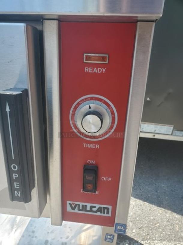Vulcan VSX9000 Steamer control panel, featuring a timer dial, on/off switch, and "Ready" indicator. 208/240V, NSF certified.
