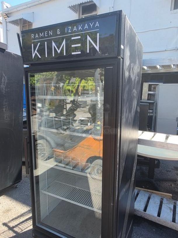TRUE GDM-26 cooler merchandiser, single deck, glass door, black finish, branded "KIMEN," good condition.