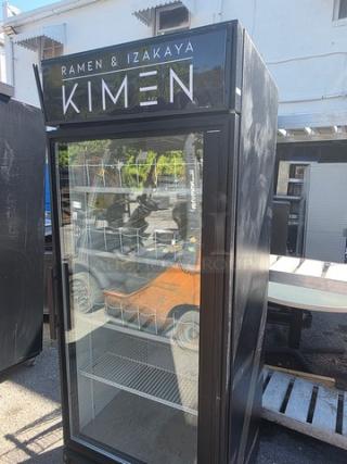 TRUE GDM-26 cooler merchandiser, single deck, glass door, black finish, branded "KIMEN," good condition.