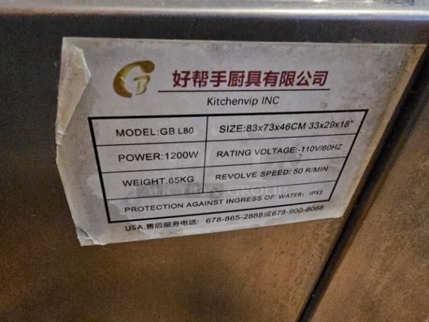 Gold Brush GB L80 dough mixer, 110V, 1200W, 65kg; tested and working. Features revolve speed of 50 R/min. Labels show specifications.