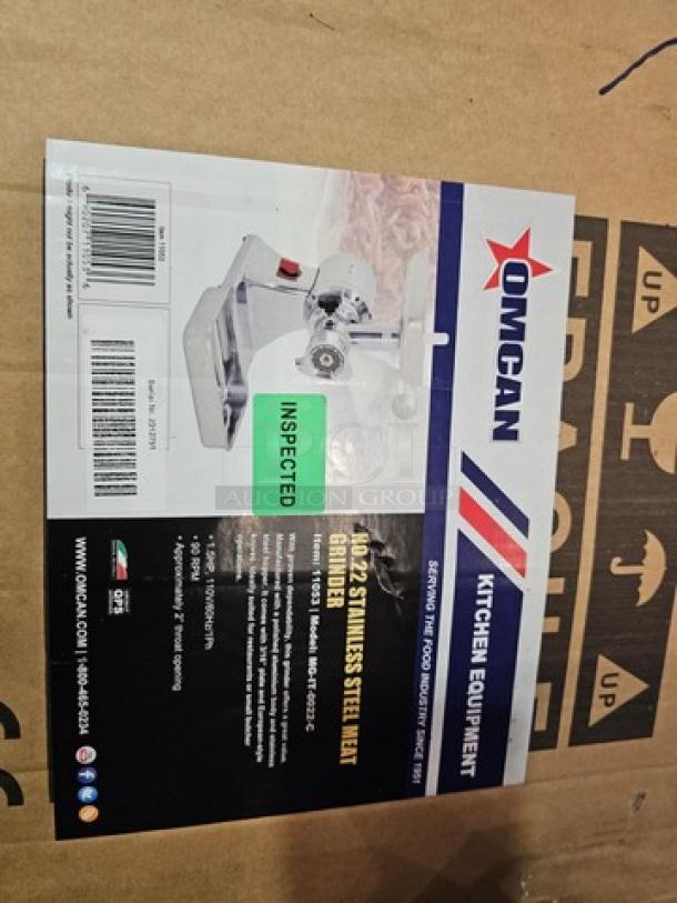Omcan Meat Grinder MG-IT-0022-C 115V, stainless steel, inspected label shown, packaging includes product details.