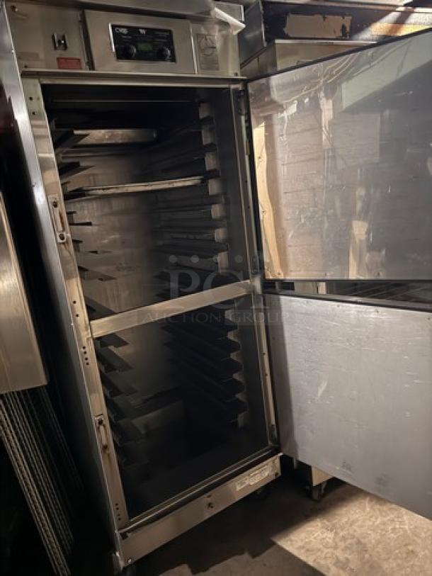 CVAP WINSTON HA4522GE Holding Cabinet, stainless steel, open door, multiple shelves, used condition, model label visible.