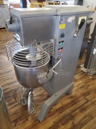 Univex SRM30+ 30Qt commercial mixer, stainless steel, with attachments, good condition. Control panel and guard visible.