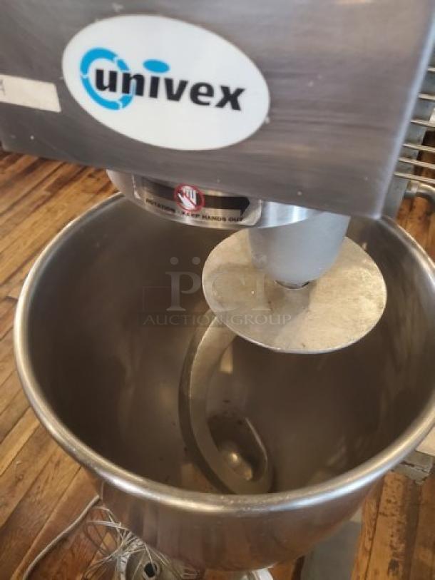 Univex SRM30+ 30Qt commercial mixer with attachments, in good condition, featuring stainless steel bowl and sturdy design.