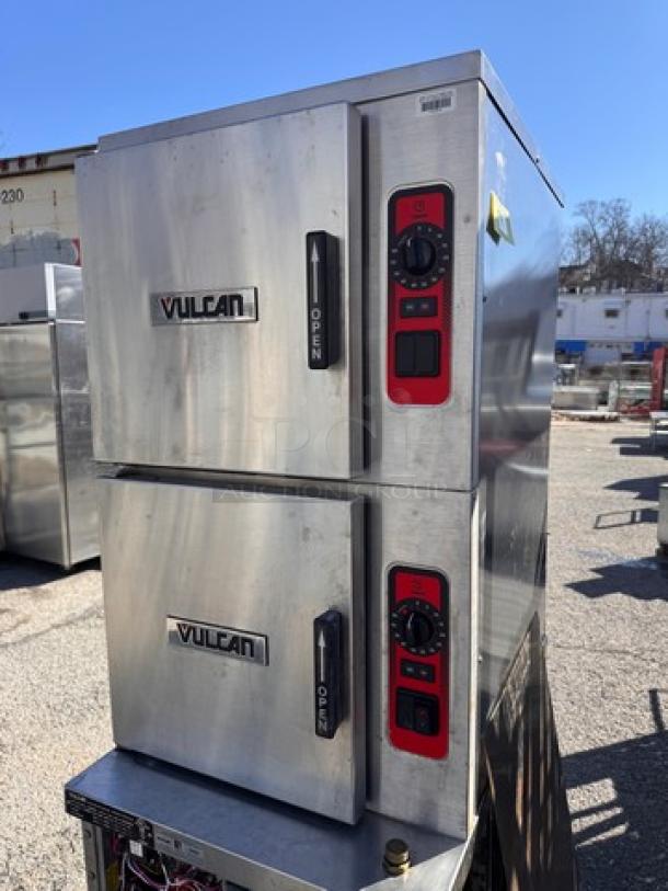 VULCAN C24EA10 double-stacked electric convection steamer. Stainless steel, dual control panels, branded doors, excellent condition.