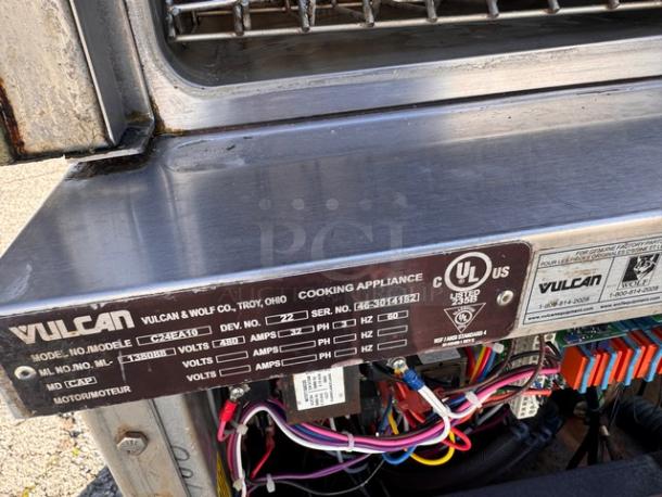VULCAN C24EA10 double stacked convection steamer, stainless steel, UL certification label, visible wiring, good condition.