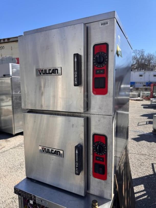 VULCAN C24EA10 electric double stacked convection steamer, stainless steel, dual control panels, used condition.