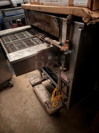 Burger IM commercial grill, stainless steel, dual-rack with visible grease drain, used condition, minor wear.