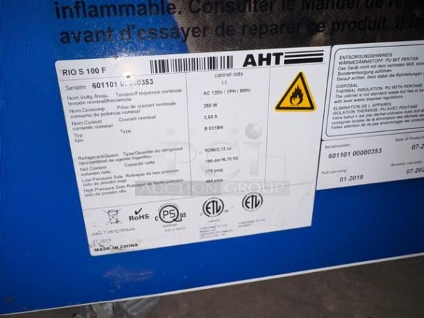 AHT RIO S 100 ice cream freezer label showing model details, capacity, and regulatory markings. Made in China.