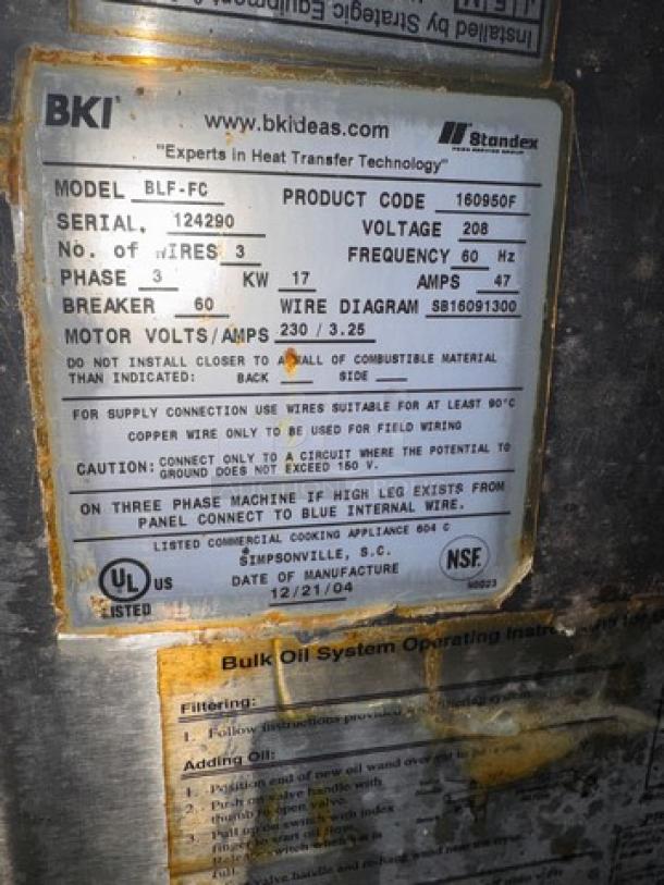 BKI BLF-FC 208V Pressure Fryer label showing model, voltage, serial number, and safety instructions.