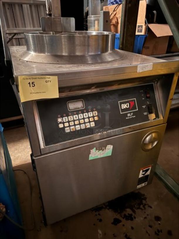 BKI BLF-FC 208V Pressure Fryer, used, stainless steel, control panel with keypad, auction tag showing quantity 15.