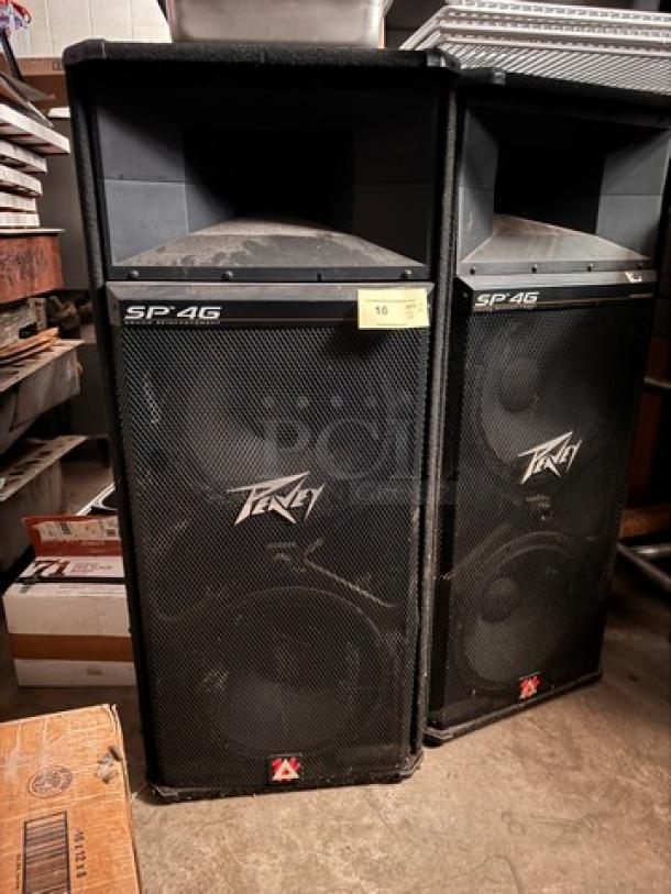 Peavey SP4G speaker, dual units, black with visible logos. Condition shows wear. Ideal for robust sound setups.