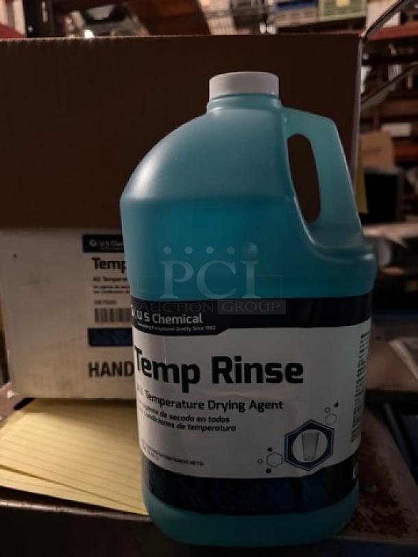 Lot of 3-1 Gallon Temp Rinse bottles, low-temp drying agent by U S Chemical. New, sealed, blue containers.
